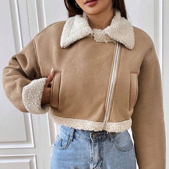 Boho Faux Teddy Lined Zip Up Moto Cropped Jacket Khaki - Picture 5 of 7